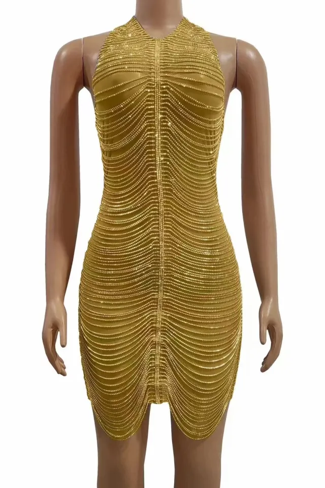Women's Nightclub Model Dance Party Chain Shiny Hip Bag Backless Skirt Gold - Shop at LoveMi