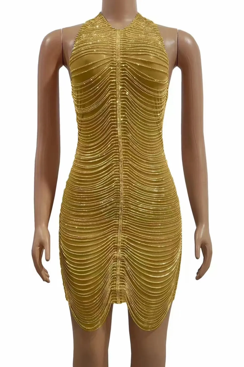 Women's Nightclub Model Dance Party Chain Shiny Hip Bag Backless Skirt - Gold