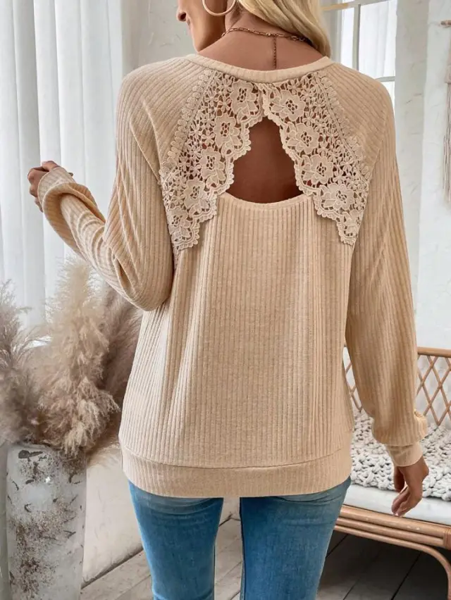 Back Stitching Lace Lace Cutout Raglan Sleeve Long Sleeve Top Khaki - Shop at LoveMi