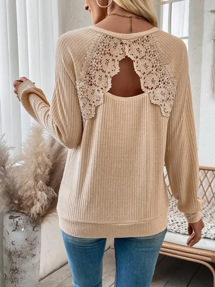 Back Stitching Lace Lace Cutout Raglan Sleeve Long Sleeve Top - Khaki
