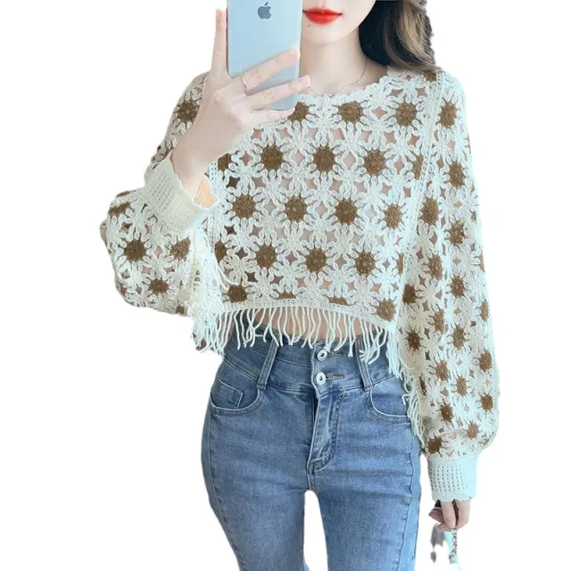 Fashion Korean Style Sweet Geometric Pattern Long Sleeve Round Neck Pullover Slimming Youthful looking Lace Shirt Camel - Shop at LoveMi