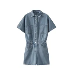 Summer New Women's Elegant Lapel Short Sleeve Waist-controlled Short Denim Jumpsuit - Light Blue - View 1