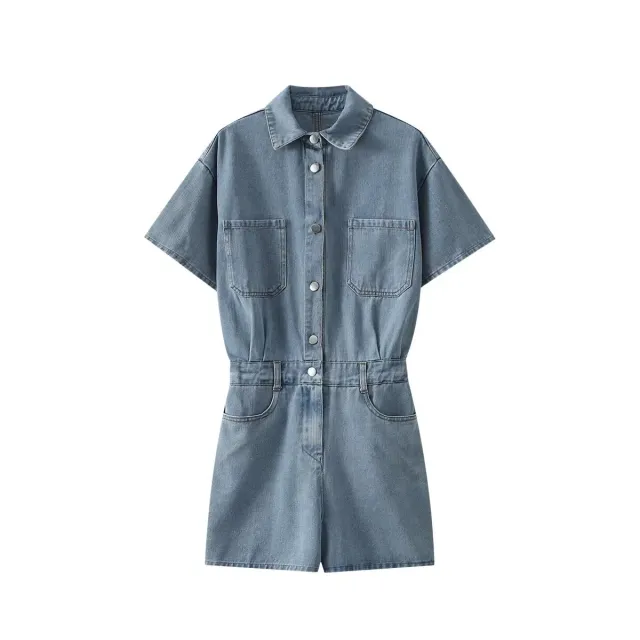 Summer New Women's Elegant Lapel Short Sleeve Waist controlled Short Denim Jumpsuit Light Blue - Shop at LoveMi