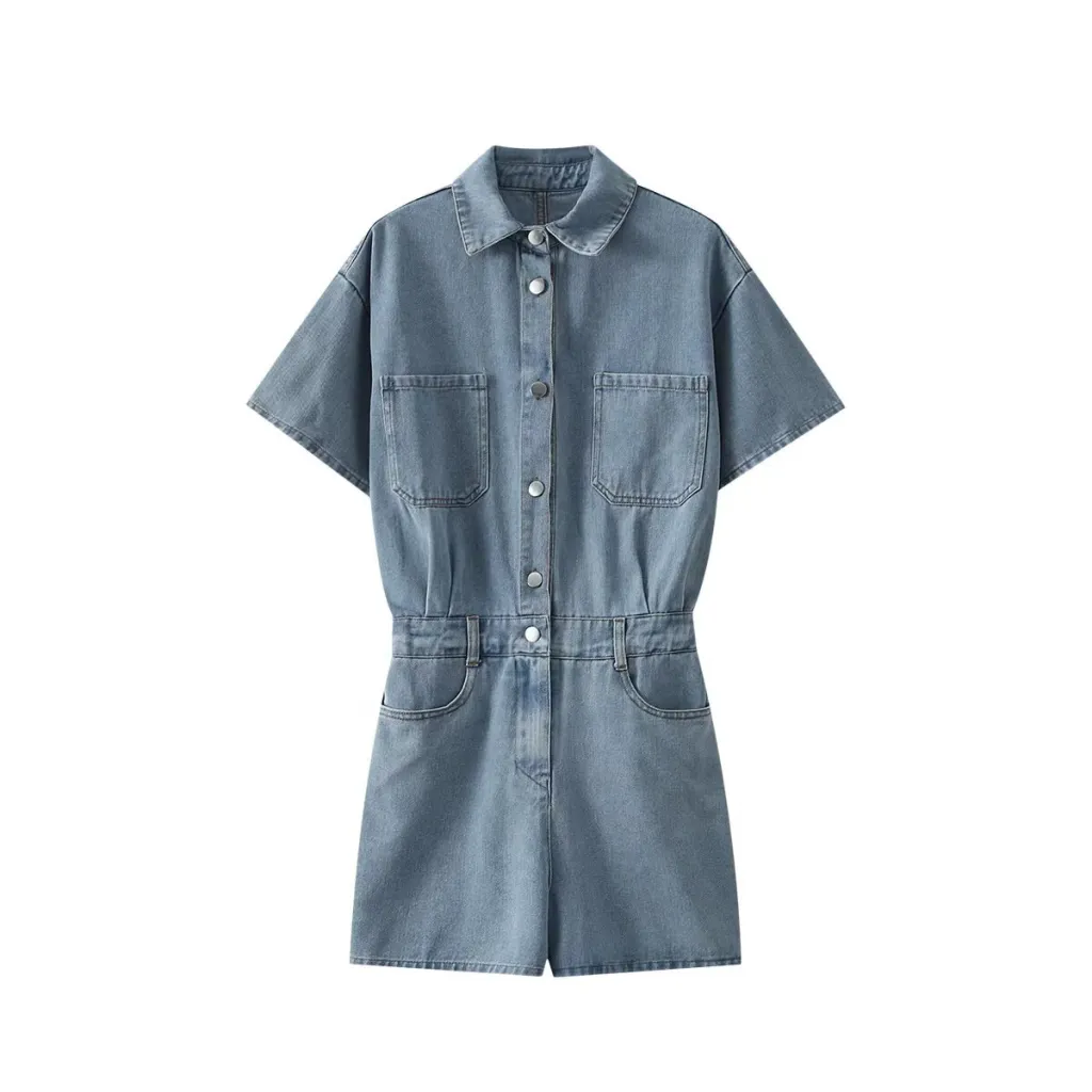 Summer New Women's Elegant Lapel Short Sleeve Waist-controlled Short Denim Jumpsuit - Light Blue