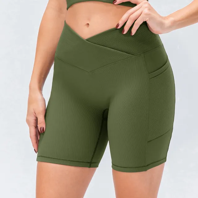 New Women's Yoga Shorts Cross Waist Slim Fit Fitness Pants Pockets High Waist Hip Lift Running Exercise Shorts Army Green - Shop at LoveMi