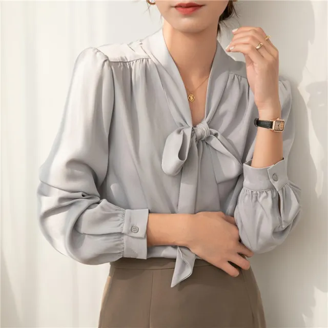 French Temperament Ribbon Bowknot Solid Color Business Shirt Gray - Shop at LoveMi