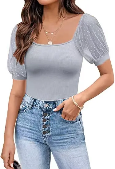 Fashionable See through Slim Patchwork Short Sleeve Light Gray - Shop at LoveMi