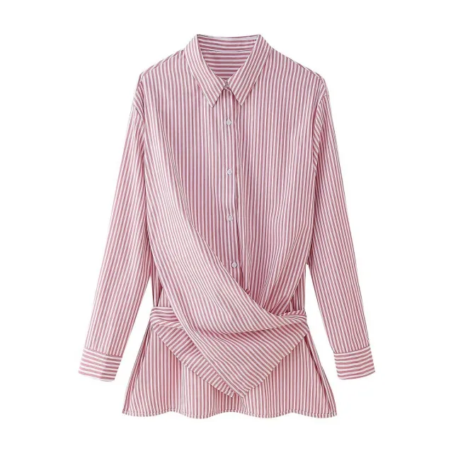 Fashion Loose Striped Lace up Multi color Long Sleeve Shirt Red - Shop at LoveMi