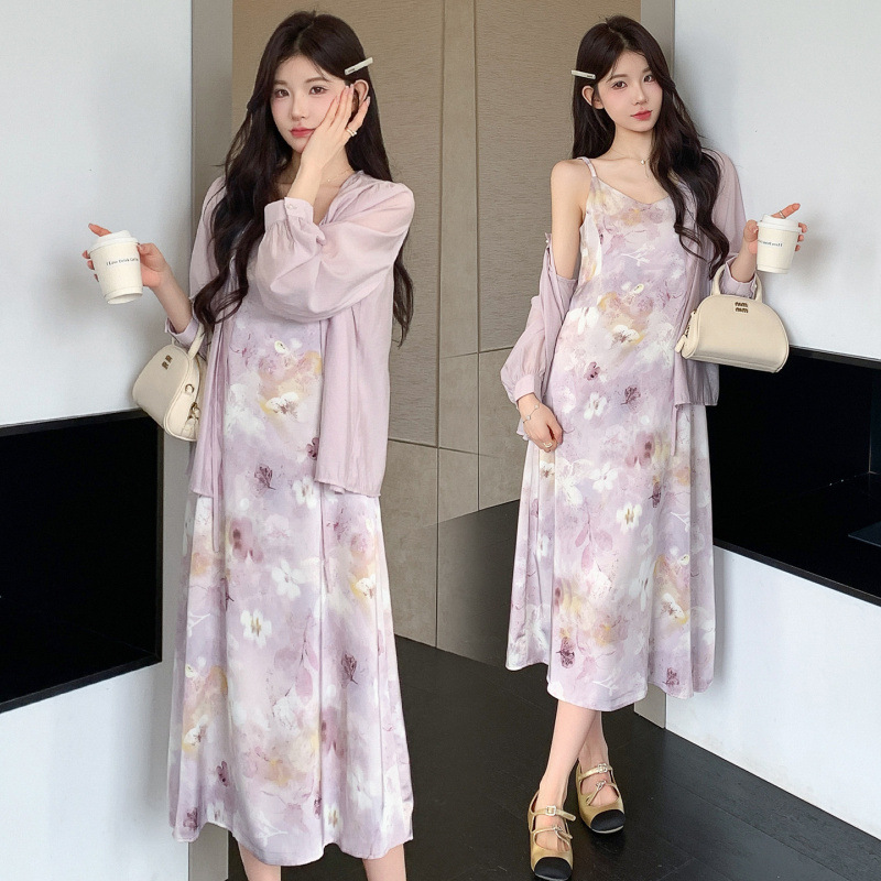 Sweet And Gentle Style Purple Printed Slip Dress Shirt And Cardigan Two-Piece Set