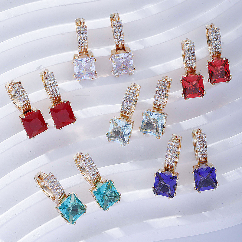 Elegant Sugar-cube-shaped Cubic-zirconia Silver Needle Blue Square Stud Earrings