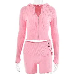 Sweater Knitted Hooded Top Shorts Long Sleeve Two-piece Set - Pink - View 1
