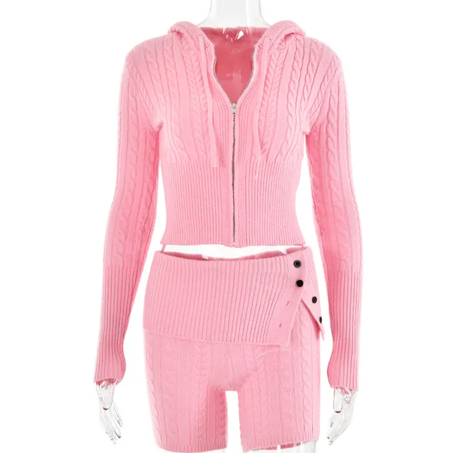 Sweater Knitted Hooded Top Shorts Long Sleeve Two piece Set Pink - Shop at LoveMi