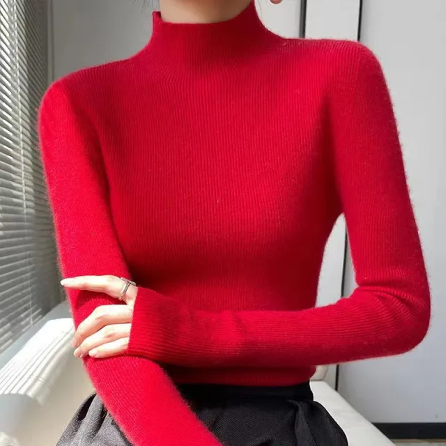 Warm Long Sleeves Knitted Half Turtleneck Women's Base Shirt Red - Shop at LoveMi