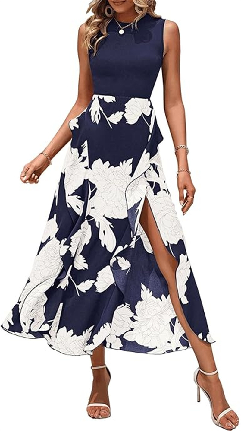 Printed Elegant Sleeveless Long Dress Women Navy Blue 2 - Shop at LoveMi