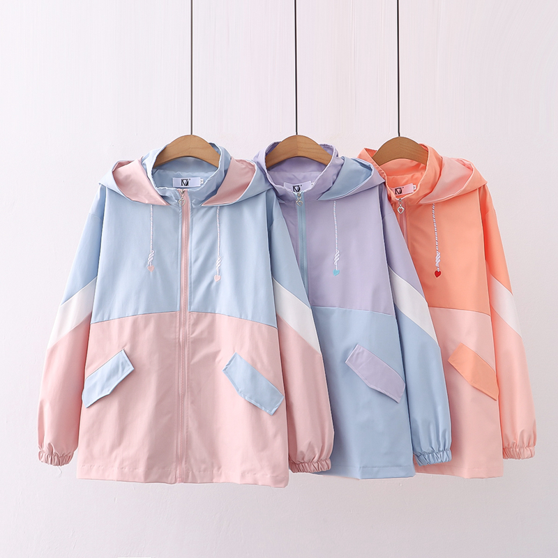 College Style Loose Stitching Hooded Long-sleeved Casual Trench Coat Women