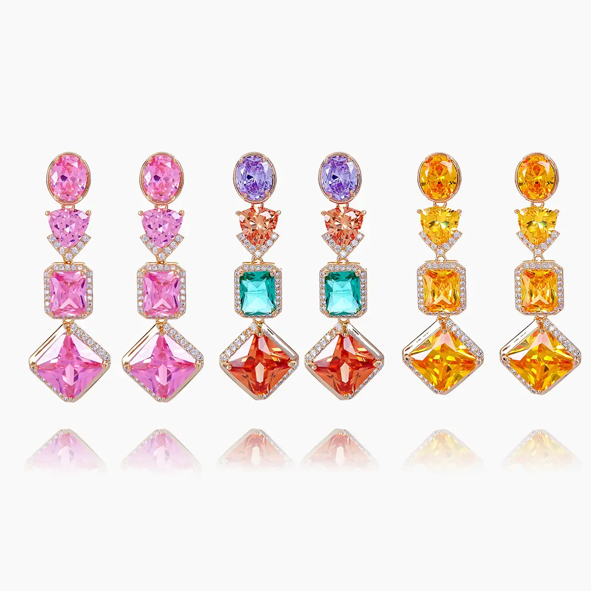 Tassel Geometric Water Drop Color Zircon 18K Gold Luxury Niche Temperament S925 Silver Stud Earrings