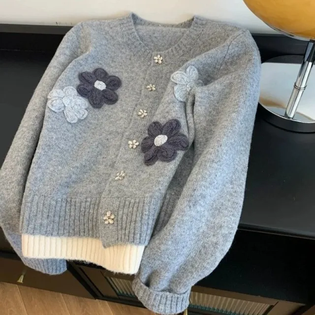 Korean Style Flower Loose Sweater Women's Autumn And Winter Lazy Embroidery Gray - Shop at LoveMi