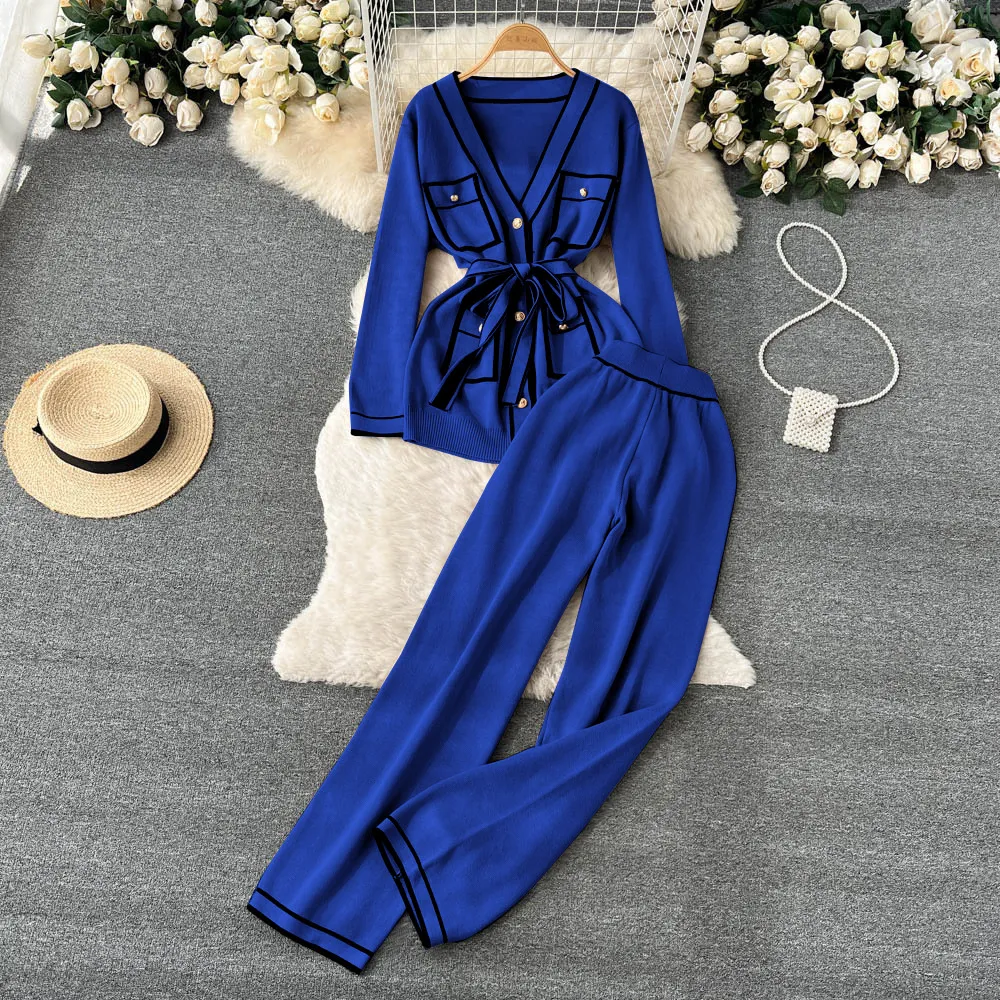 Contrast Color Suit Women's Long Sleeve V-neck Lace-up Knitwear Draping Wide Leg Trousers Two-piece Set - Blue