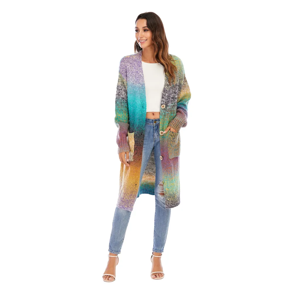 Knitted Sweater Loose Rainbow Long Coat Wool Cardigan - Colour