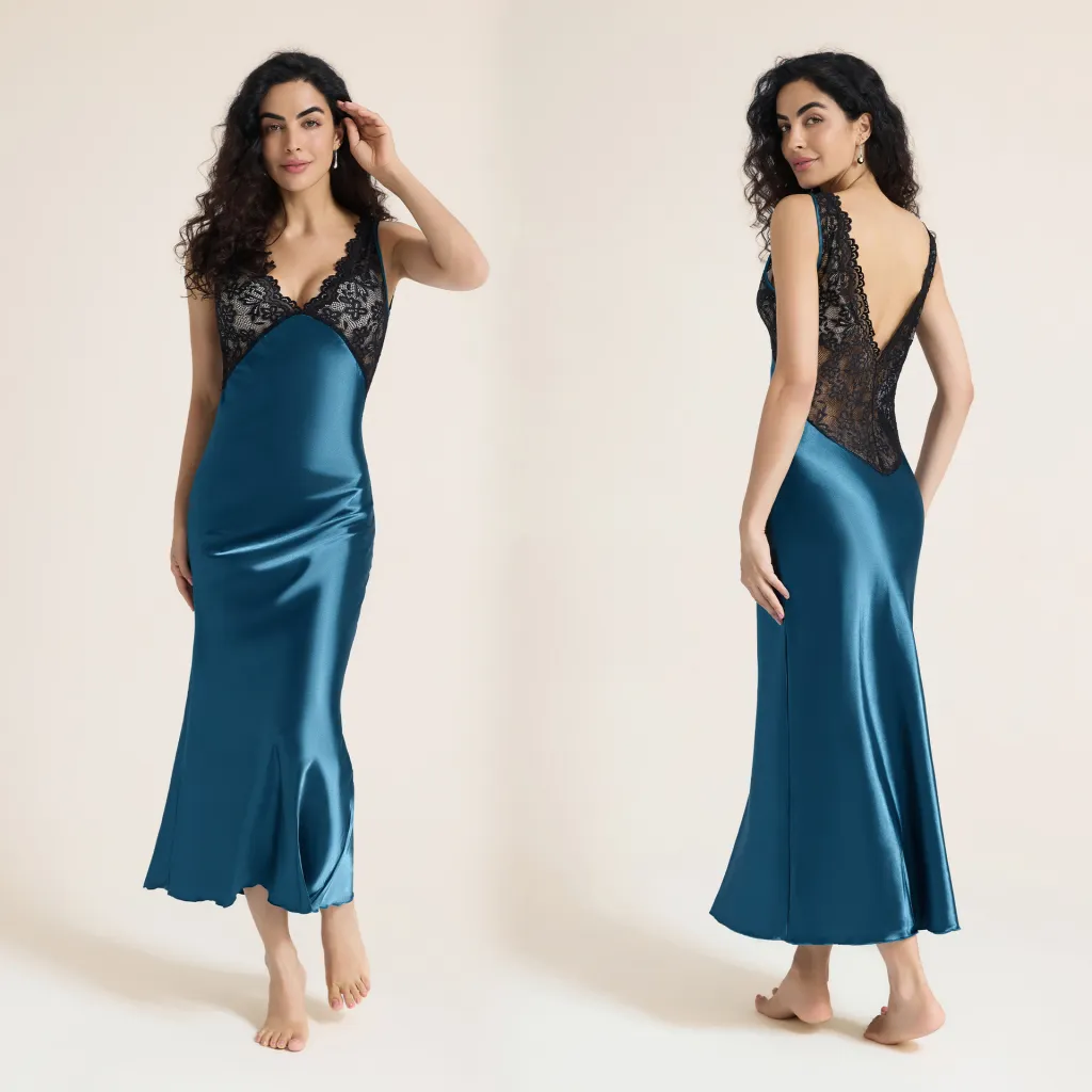 Womens European And American-style Sexy Lace-trimmed Slip Bodycon Dress - Indigo-M
