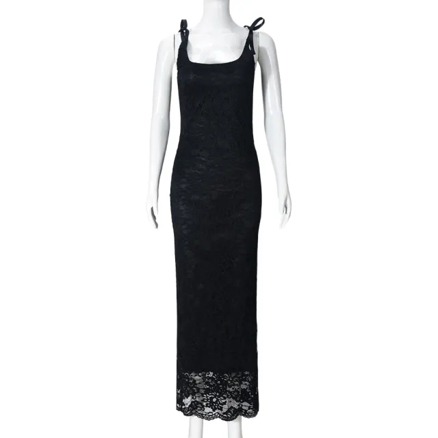 Lace Bow Sexy Backless Lace Double Layer Length Dress Black - Shop at LoveMi