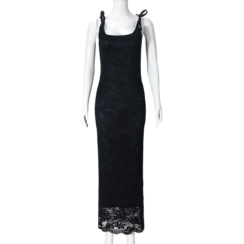 Lace Bow Sexy Backless Lace Double Layer Length Dress - Black