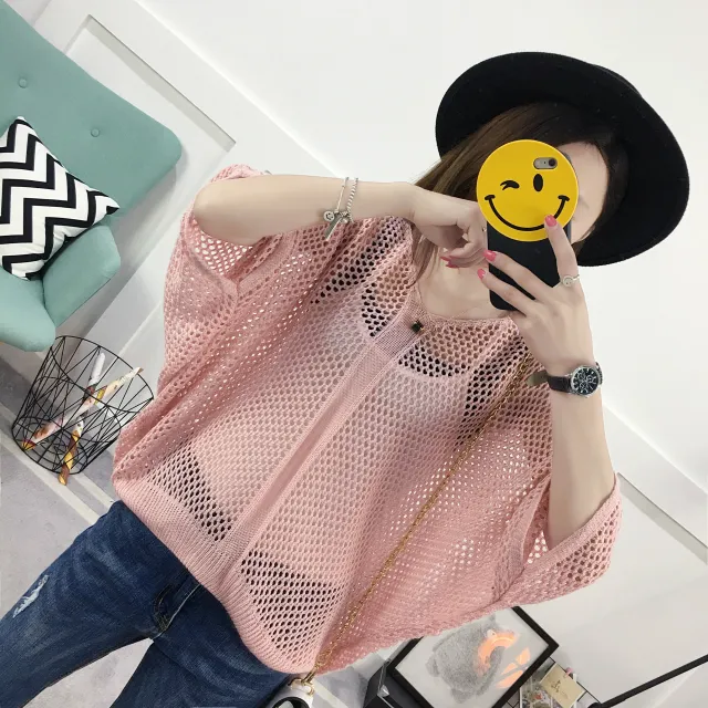 Spring And Summer Loose V neck Hollow Sweater Pink - Shop at LoveMi
