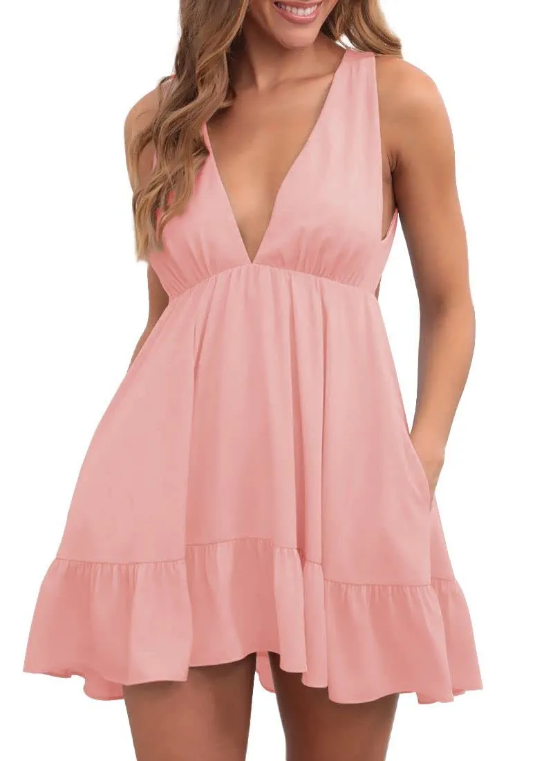 Backless Sleeveless Sling Dress Women - Pink