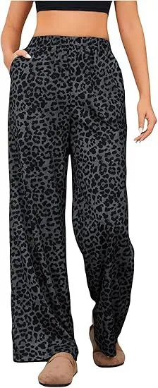 Women's Leopard Print Elastic High Waist Trousers Gray - Shop at LoveMi