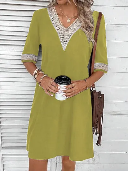 V neck Half Sleeves Loose Casual Dress Yellow - Shop at LoveMi