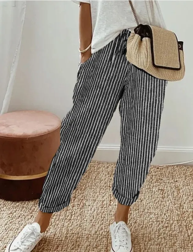 Summer Stripes Casual Pants Loose Elastic Waist Women Black - Shop at LoveMi