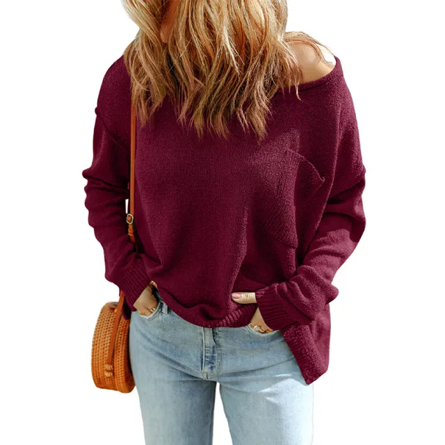 Solid Color Sweater Women's European And American Leisure style Thread Knitted Long Sleeve Red - Shop at LoveMi