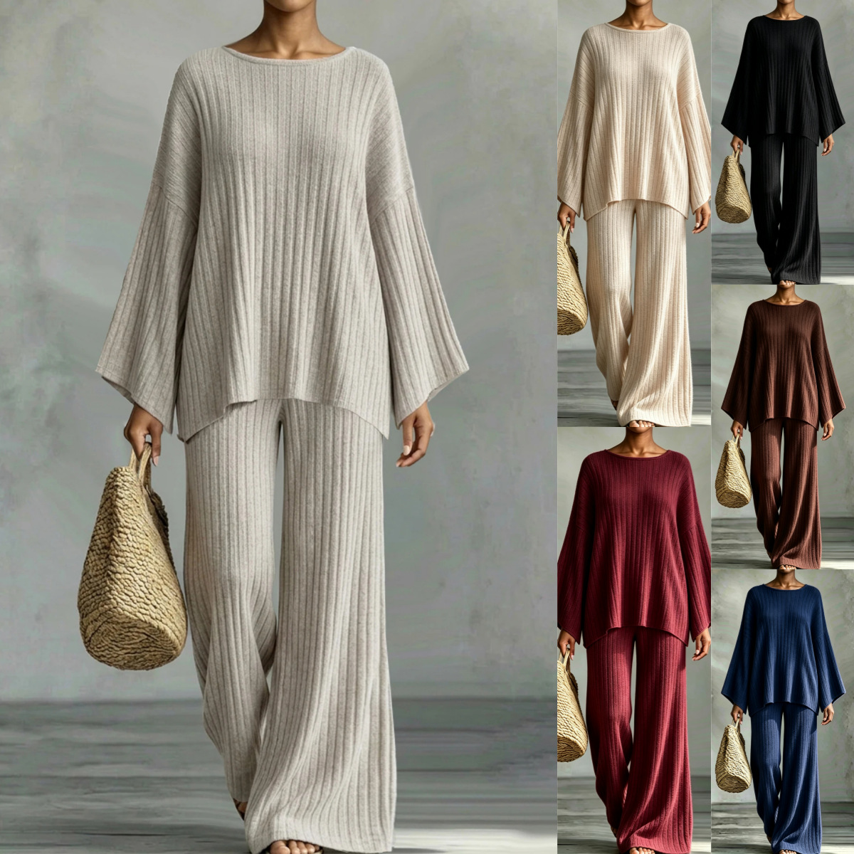 Laid-back Ribbed Brushed Long-sleeve Top And Pants Set