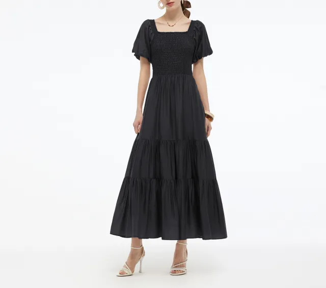 Bubble Sleeve Waist tie Printed Ruffle Dress For Women Black - Shop at LoveMi