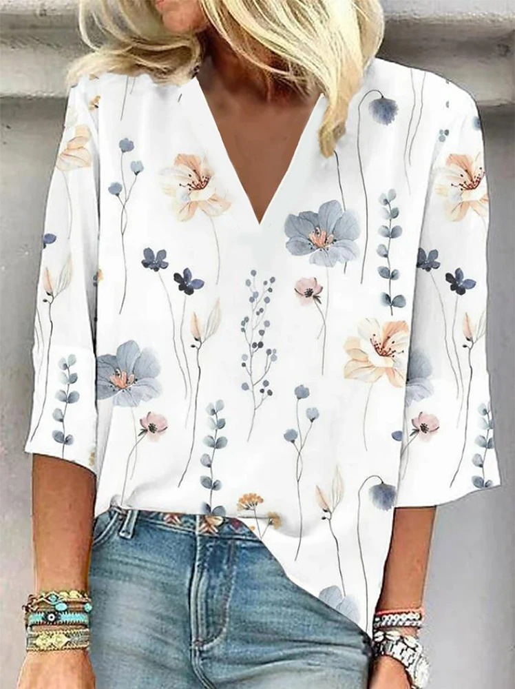 Casual Printed Loose V-neck Women's Top