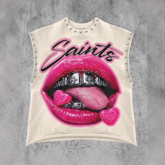 Nostalgic Lip Print Studded Casual Vest