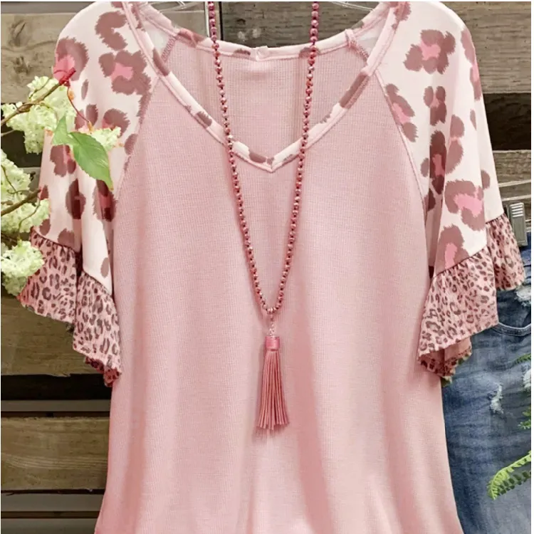 Waffle V-neck Leopard Print Stitching Casual Half Sleeve T-shirt Top - Pink