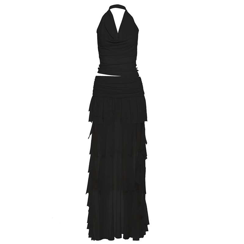 Solid Color Slim Fit Halterneck Vest Fashion Low Waist Skirt Suit