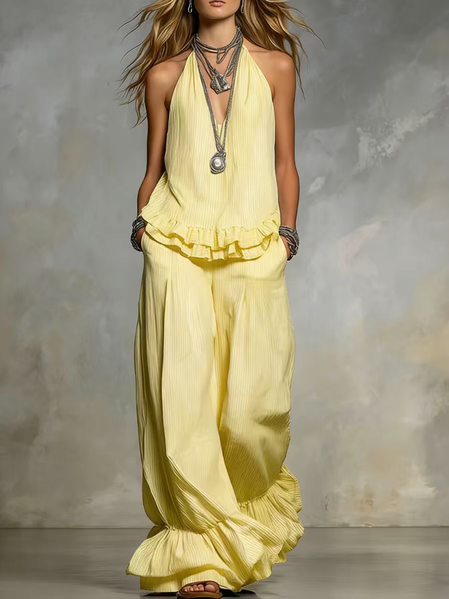 Women's puff-sleeve ruffle-trim set in yellow, full outfit view showing vibrant color