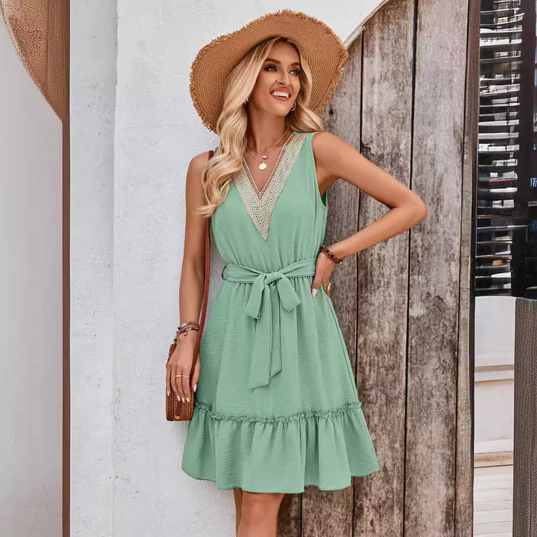 V-neck Sleeveless Lace Waist Dress