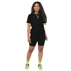 Solid Colour Sports Suit Casual Two-piece Suit Women - Black - View 1