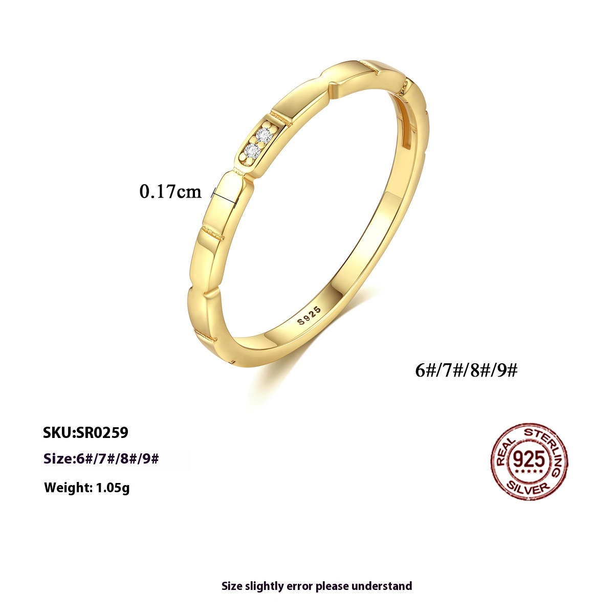 925 Silver Gold Plaid With Round Zircon Ring