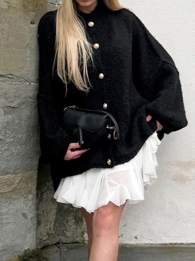 Autumn And Winter Solid Color British Style Vintage Button Cardigan Batwing Sleeve Sweater Coat Black - Shop at LoveMi