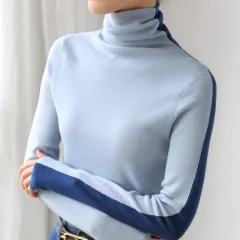 Two-tone High Neck Inner Wear Front And Back Colour Matching Sweater Bottoming Shirt Blue - Blue - View 1