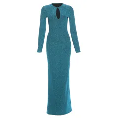 Spring Chic Commuter Gold-Stamped Sexy Hollowed-Out High-Waist Bodycon Sheath Long Dress For Women - Blue - View 1