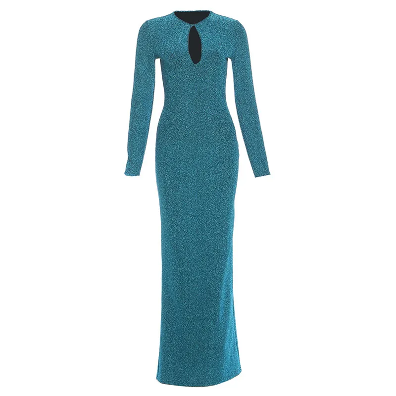 Spring Chic Commuter Gold-Stamped Sexy Hollowed-Out High-Waist Bodycon Sheath Long Dress For Women - Blue