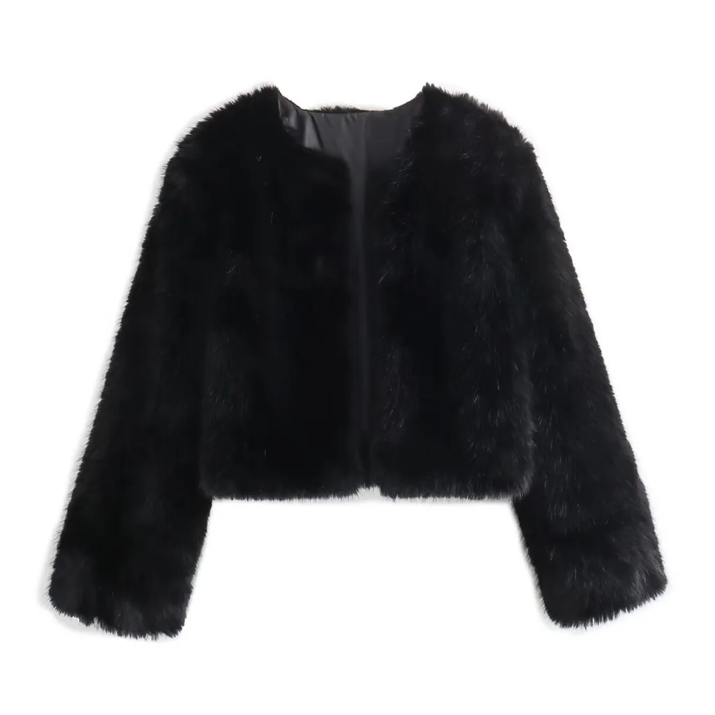 Polyester Imitation Fur Women's Short Cardigan Coat - Black