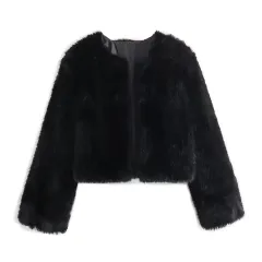 Polyester Imitation Fur Women's Short Cardigan Coat - Black - View 1