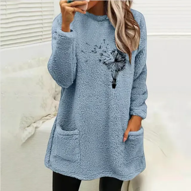 Women's Round Neck Loose Long Sleeves Pocket Plant Embossed Double sided Velvet Sweatshirt Light Blue - Shop at LoveMi