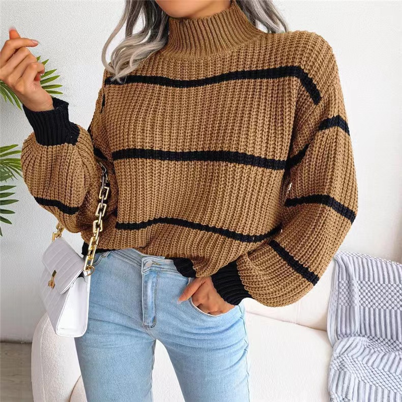 Title 3, Contrast Color Striped Sweater New Half Turtlen...